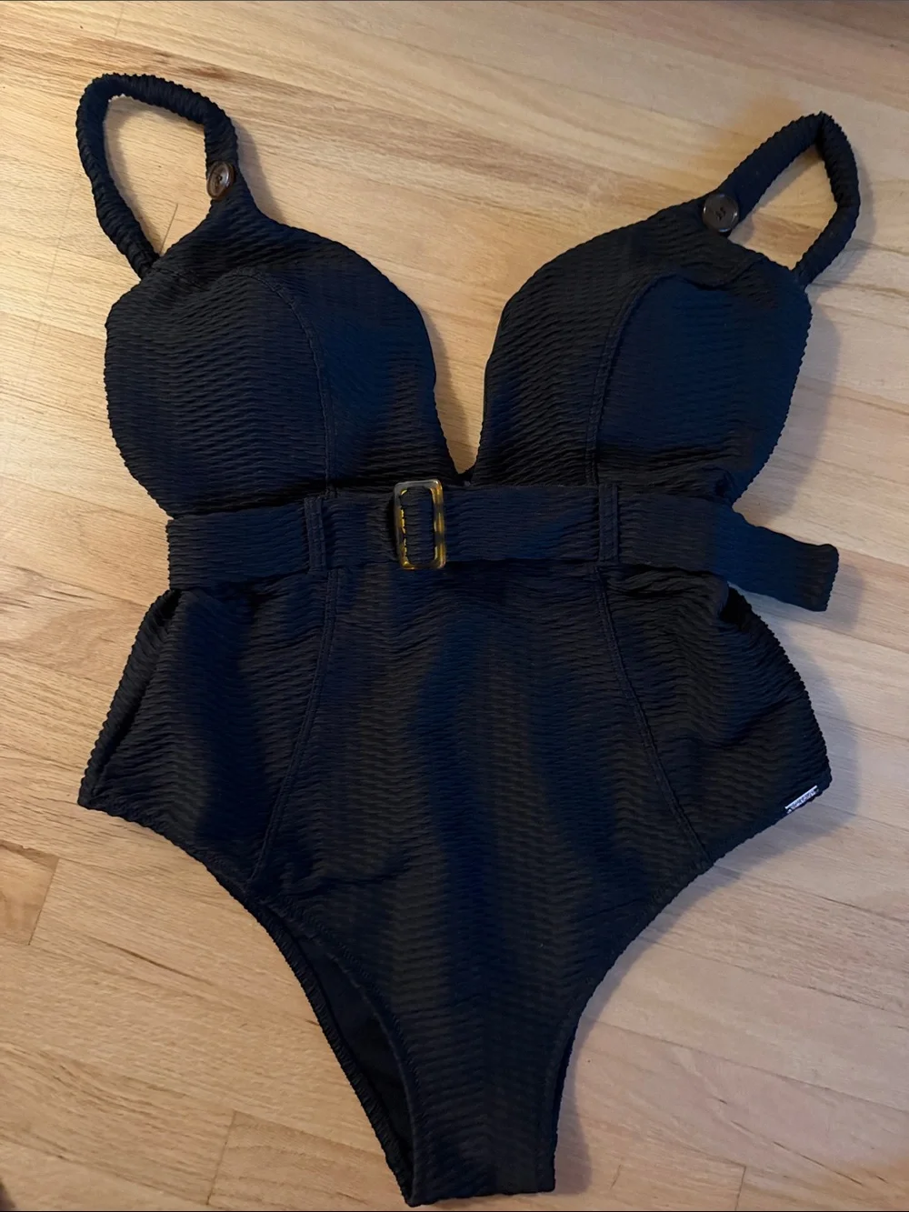 Black Textured One-Piece Swimsuit with Belt